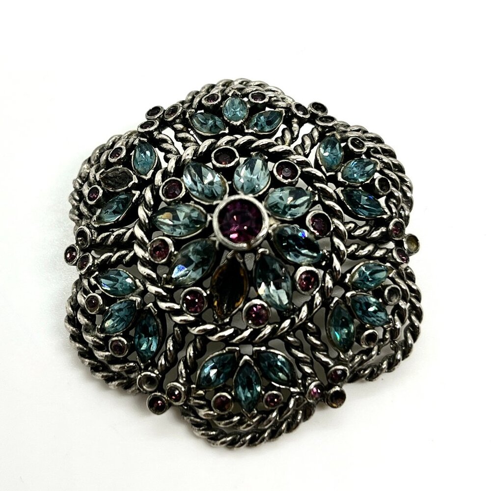 VINTAGE LEDO Ornate Rhinestone Brooch Silver Tone Blue Purple Statement READ